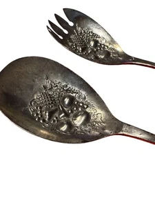 VTG Salad Serving Spoons Spork and Spoon Set Embossed Repousse England EPNS - Picture 1 of 5