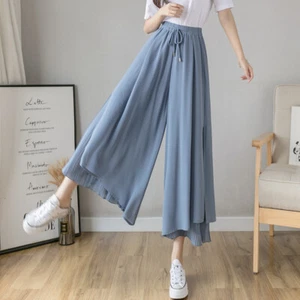 Lady Chiffon Wide-Leg Cropped Trousers Skirt Pants Culottes Drawstring Thin - Picture 1 of 16