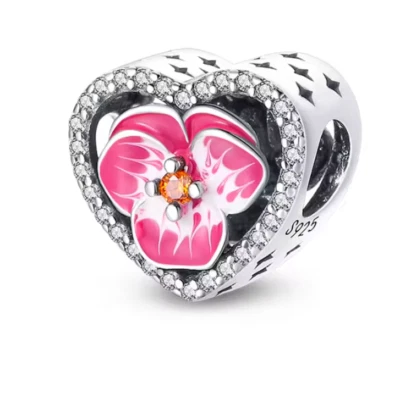 Charm Anhänger für Armband pinke Blume Herz Silber plattiert Geschenkidee - Bild 1 von 2