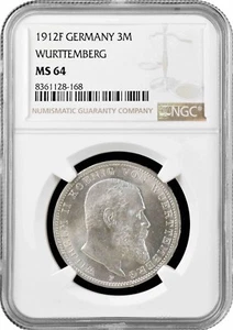 Moneda de plata Wurttemberg 3 marcos 1912 F, NGC MS64, "Rey Guillermo II (1891 - 1918)" - Imagen 1 de 2