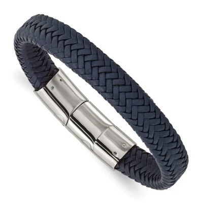 Stainless Steel Polished Navy Blue Leather w/.5in ext 7.75in Bracelet - Image 1 of 3