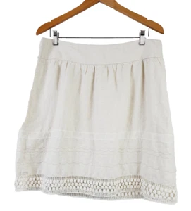 Ann Taylor LOFT Skirt Womens 12 100% LINEN A-Line Lace Trim Boho Beige Neutral - Picture 1 of 9