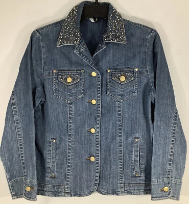 女式 PM Laura Ashley 蓝色弹力牛仔夹克装饰西部 — 第 1/4 张图片