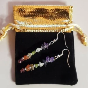 7 CHAKRA HEALING PAIR OF EARRINGS - SILVER PLATED - GIFT VELVET POUCH  - Picture 1 of 5