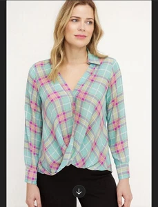 Skies Are Blue Faux Wrap Plaid Long Sleeve Collared Shirt Women S Multicolor - Picture 1 of 6