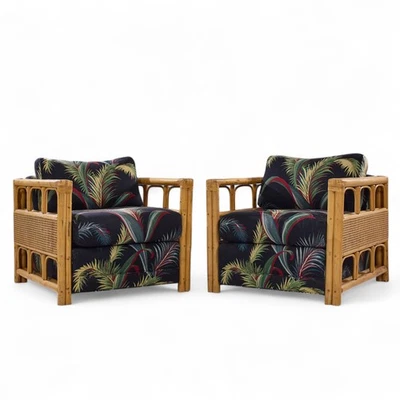 Par de sillones de club de ratán de mediados de siglo estilo McGuire Foto 1 de 4