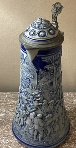 German Cobalt &Gray Salt-Glazed Beer Stein Pitcher W/ Lid  13” x 6” x3.15 Lbs - Picture 1 of 24