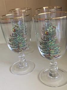 New Spode Christmas Tree 16 Ounces Pedestal Goblets with Gold Rims Set of 4 - Picture 1 of 7