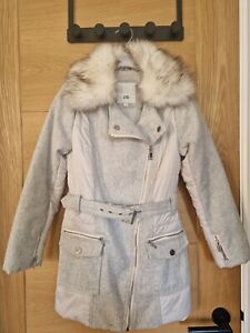 RIVER ISLAND AGE 9-10 YEARS COAT GREY Detached Faux Fur Collar Belted Lined Zip 