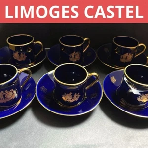 Limoges Castel Cobalt Blue Gold Demitasse Cup Saucer 6 Set - Picture 1 of 15
