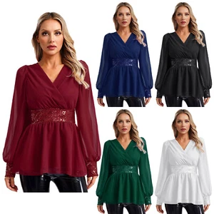 Women Sequin Top Sparkle Long Sleeve Blouses Glitter Party V Neck Shirt Cocktail - Picture 1 of 54