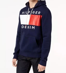 New Tommy Hilfiger Denim Men's Brooks Logo Print Hoodie M Navy MAR25B - Picture 1 of 1
