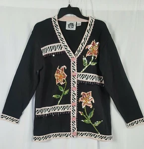 Storybook Knits Cardigan Sweater Lilies Of The Night Zebra Sequins Size L - Picture 1 of 12