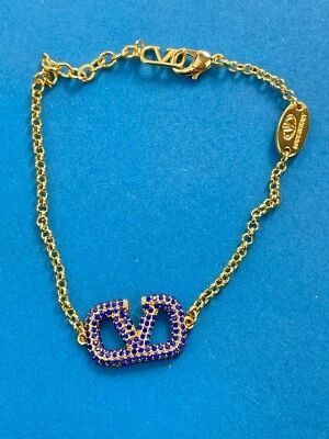 Valentino Gold V Logo Blue Crystal Pendant Bracelet - Image 1 of 4
