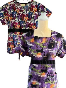 Tafford Uniforms (2) Halloween Print Scrub Tops Size (M) Medium Tie At Back - Picture 1 of 17