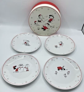 VTG Peanuts Snoopy Christmas Plates Ceramic Hallmark Dessert Plates Set of 4 - Picture 1 of 15