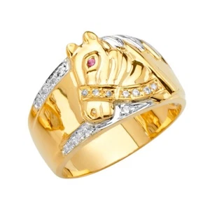 14K Tri Color Gold Men's Cubic Zirconia Ring w/Horse - Picture 1 of 3