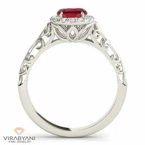 1.16 ct. Genuine Round Ruby Vintage Halo Ring Filigree Floral Band - 18K W Gold - Picture 1 of 5