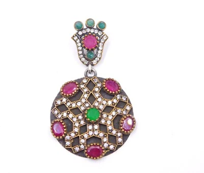 17 GM 925 Argento Sterling Multi Pietra Artigianale Bicolore Pendente Misura - Immagine 1 di 4