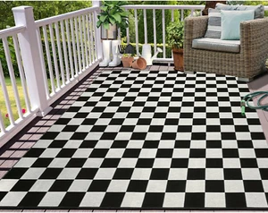 Black and White Checkered Outdoor Area Rug 5X7 Ft Machine Washable Checkerboard - Picture 1 of 8