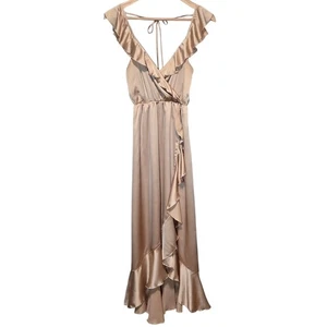 Show Me Your Mumu Samantha Ruffle Wrap Dress XS Champagne Luxe Satin Gown - Picture 1 of 11