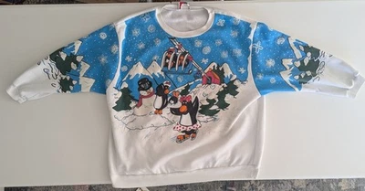 VTG 90s AOP Penguins Ski Womens XL Sweatshirt Winter Grannycore Kid Core Kawaii - Image 1 of 4