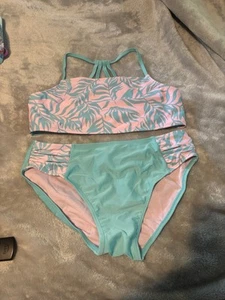 Leaf Print Halter Bikini Set Aqua and Pink Art Class Kids - Picture 1 of 3