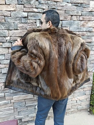 CHAQUETA DE CUERO REVERSIBLE ABRIGO DE PIEL DE CASTOR REAL NATURAL GENUINO PARA HOMBRE TALLA XL Foto 1 de 4