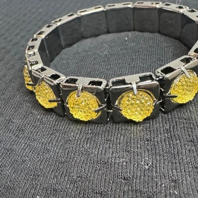 Pulsera elástica de eslabones cuadrados de cristal amarillo brillante tono plata glamour Foto 1 de 4