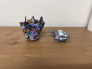 MURANO Art Glass La Serenissima ITALY Hankerchief Vase with Murano Turtle Figure - Picture 1 of 7