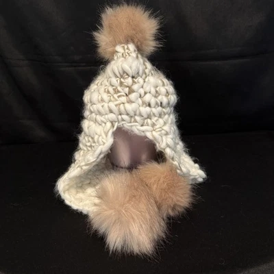 Free People Snow Castle Trapper Hat Beanie Womens OS White Mauve Chunky Knit - Image 1 of 4