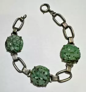 Art Deco Sterling Silver Carved Green Jade Jadeite 14.7g Round Link 7" Bracelet - Picture 1 of 11