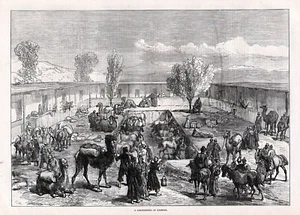 CHINA Kashgar Kashi, Camel & Horse Caravanserai LARGE 1870s Engraving Print - Imagen 1 de 2