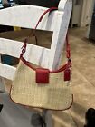 Coach Vintage Red Straw Woven Leather trim Small  Shoulder Bag MOK-8159.