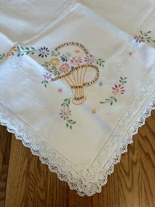 vintage 59x67” White Cotton W/Emnroidery & Crocheted Edge Rectangular Tablecloth - Picture 1 of 14