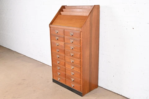 Vintage Oak 18-Drawer Library Card Catalog or File Cabinet With Book Rack Cover