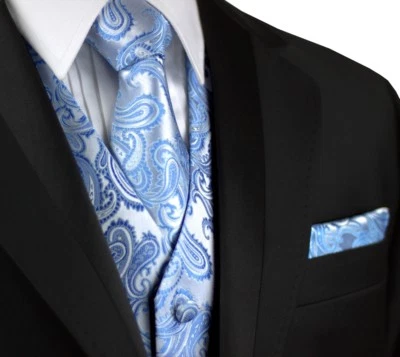 MEN'S CORNFLOWER PAISLEY FORMAL TUXEDO VEST, TIE & HANKIE. WEDDING FORMAL PROM - Image 1 of 4