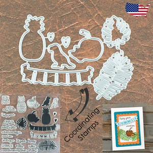 Tropical Summer Cutting Dies & Stamp Set w Banner Parrot Pineapple Leaves - Picture 1 of 7