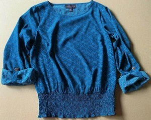 Dana Buchman Teal Gray Pattern Blouse Long Sleeve to 3/4 Elastic Hem Medium - Picture 1 of 9