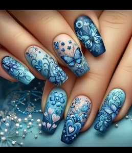 Blue Butterfly Hearts Nail Tips 24pcs Finished Boxed With Glue & Tabs Nails - Picture 1 of 6