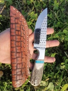 AK CUTLERY CUSTOM HANDMADE STEEL D2 HUNTING KNIFE HANDLE STEEL GUARD AND STAG  - Picture 1 of 2