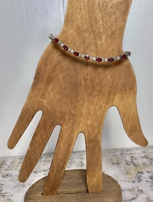 Vintage Sterling Silver 925 Garnet & Tiny Genuine Diamond Tennis Bracelet 7 Inch - Image 1 of 4