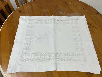 Antique Handmade Linen Nightdress Case. Inset Tenerife Lace.Whitework Monogram - Image 1 of 4