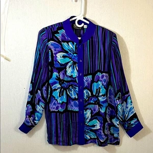Blusa Bob Mackie 100% Seda Púrpura Negra Floral Usable Arte Top Con Botones M - Imagen 1 de 6