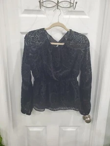 MISS ME Womens Size Small Black Sheer Velvet Long Sleeve Dressy Blouse Classy - Picture 1 of 12