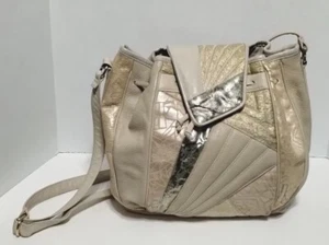 Vintage SHARIF Cream Pebbled Leather Patchwork Crossbody Bag Purse Retro 80s - Picture 1 of 12