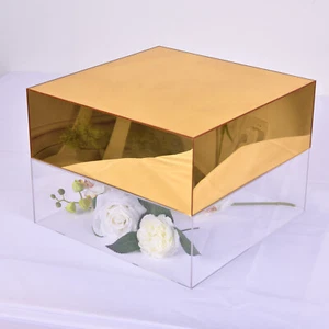 GOLD 14" Acrylic DISPLAY BOX CAKE STAND Mirror Pedestal Riser Centerpiece - Picture 1 of 8