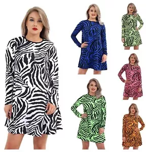 NEW WOMEN ANIMAL ZEBRA PRINT SWING DRESS LADIES NEON SKATER DRESS PLUS SIZE 8-26 - Picture 1 of 17
