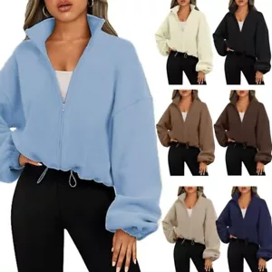 Women s Zip Up Hoodies Cropped Cardigan Jackets Oversized Sweatshirts Coat Tops - Picture 1 of 43