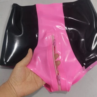 Womens Latex Briefs crotch Zipper Black Pink Splicing Tight Shorts Rubber Pants - Image 1 of 4